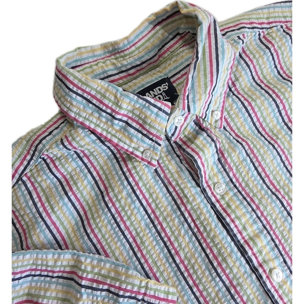 Lands End Men Striped Seersucker Short Sleeve Button-Down Shirt 38-40 MULTICOLOR
